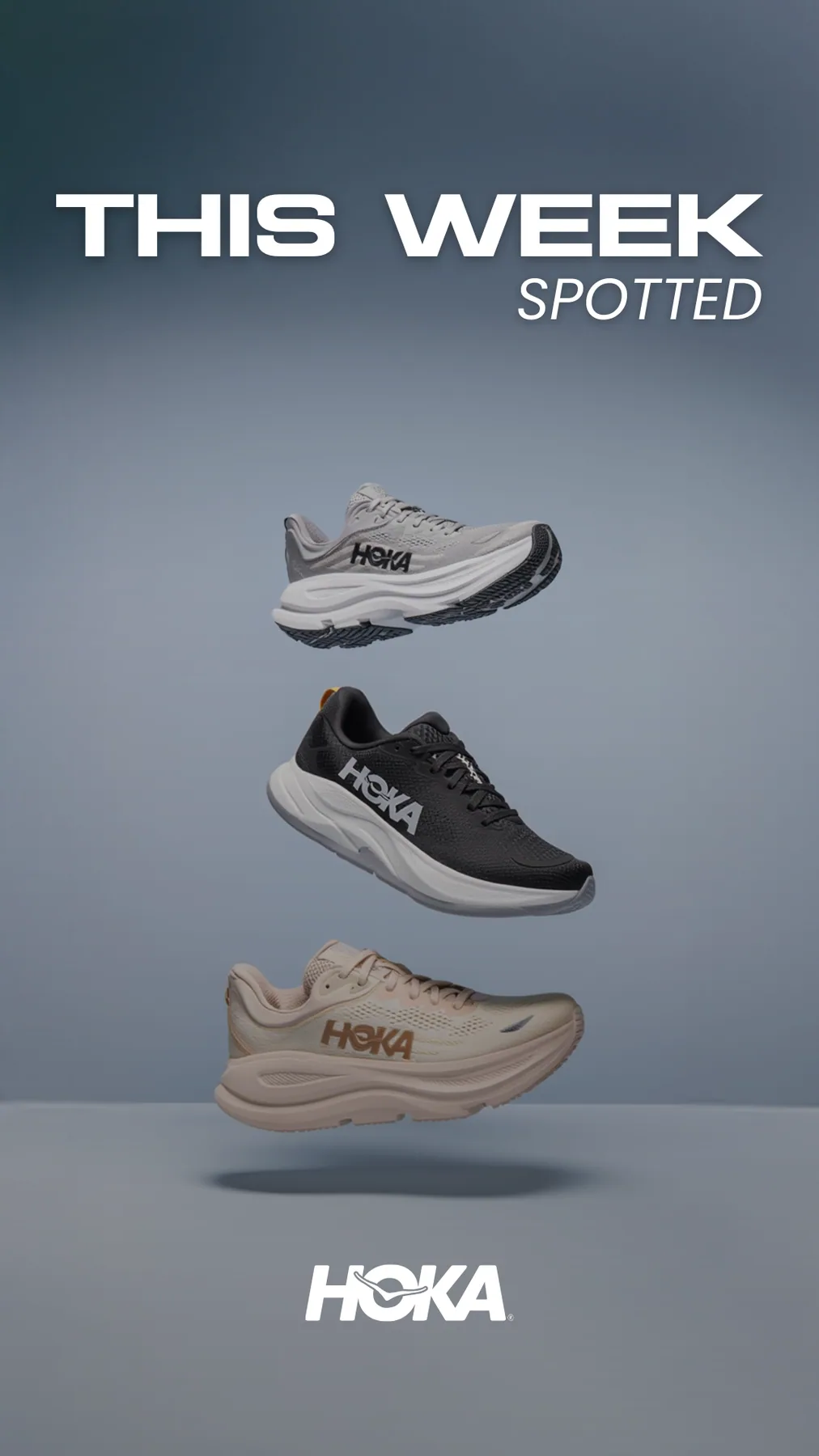 HOKA story design with three floating shoes