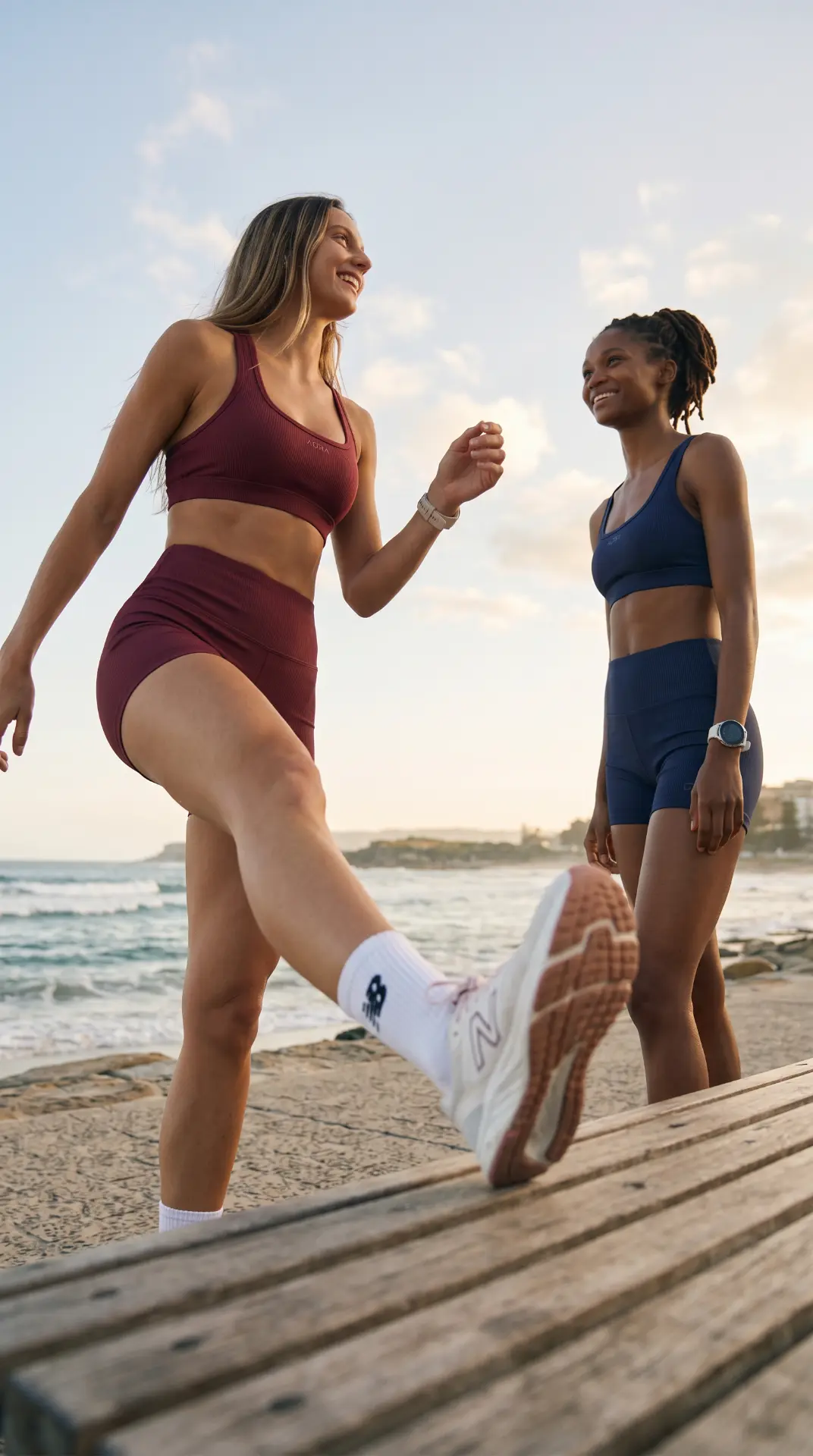 Beach campaign frame, runners stretching