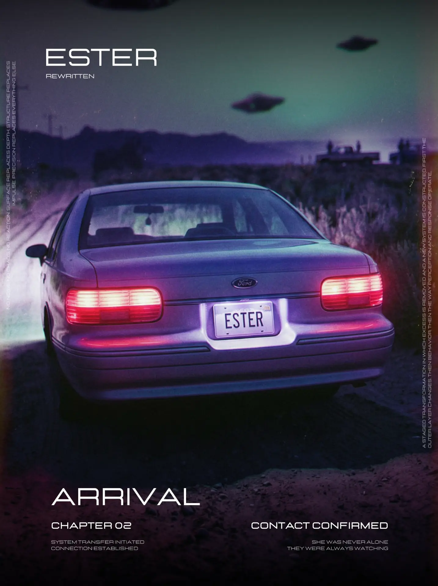 Arrival poster · car rear with ESTER plate and UFOs