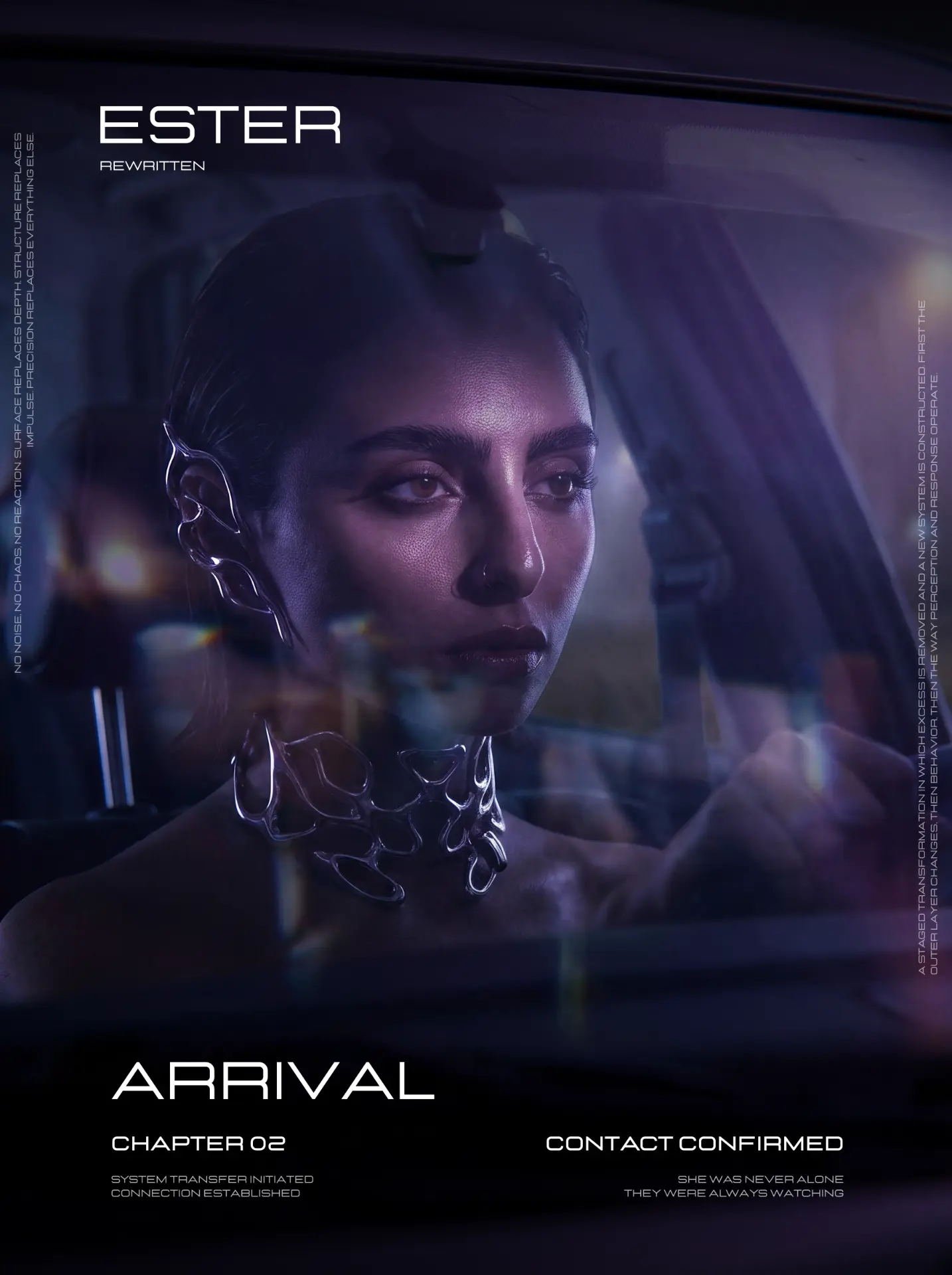 Arrival poster · portrait through car window