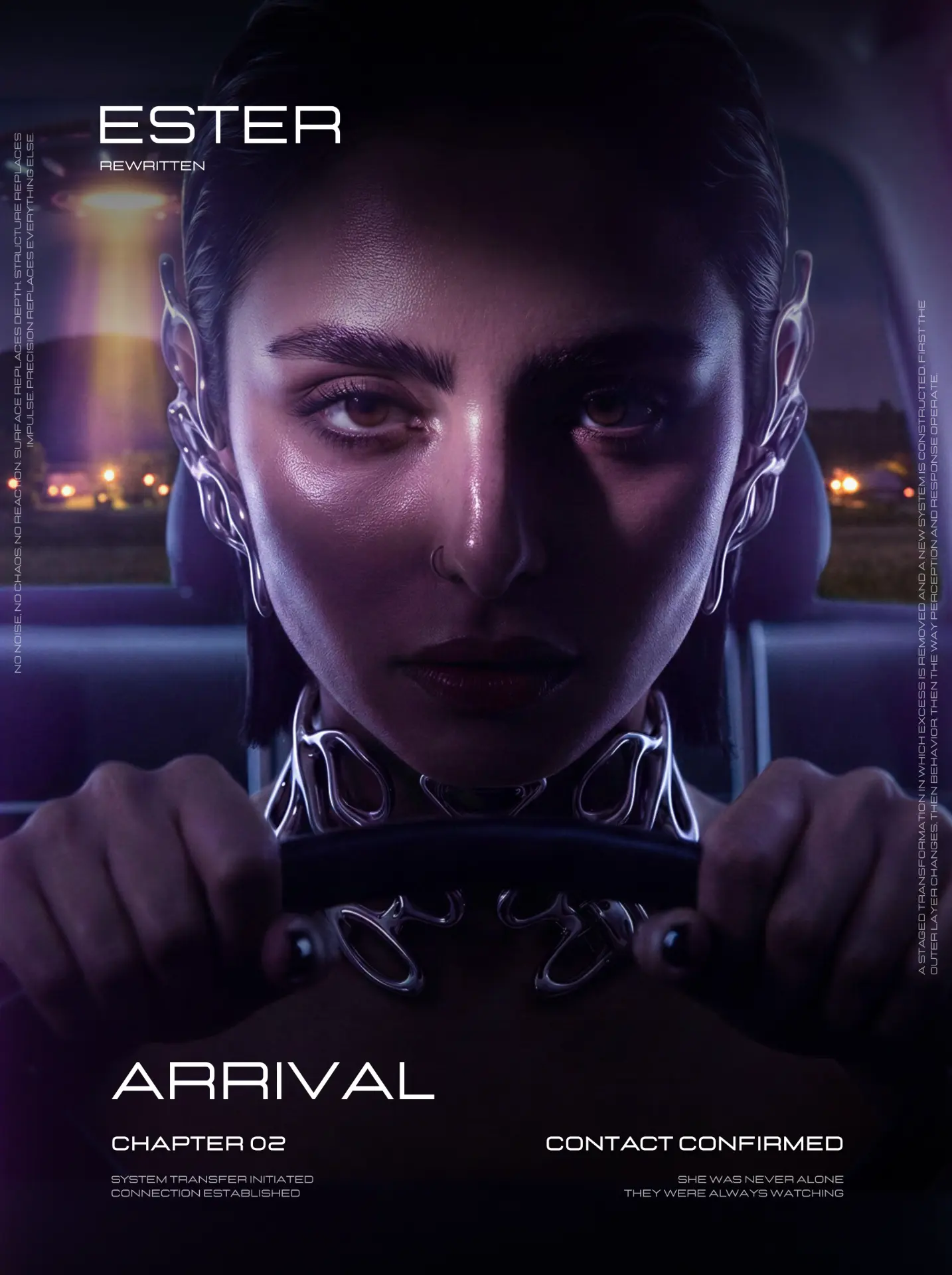 Arrival poster · driving portrait with chrome collar