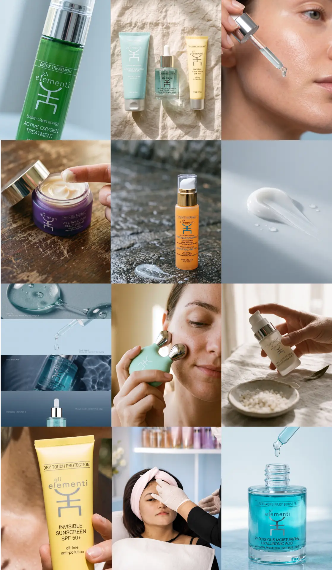 Gli Elementi feed grid of product lines across the twelve treatment series